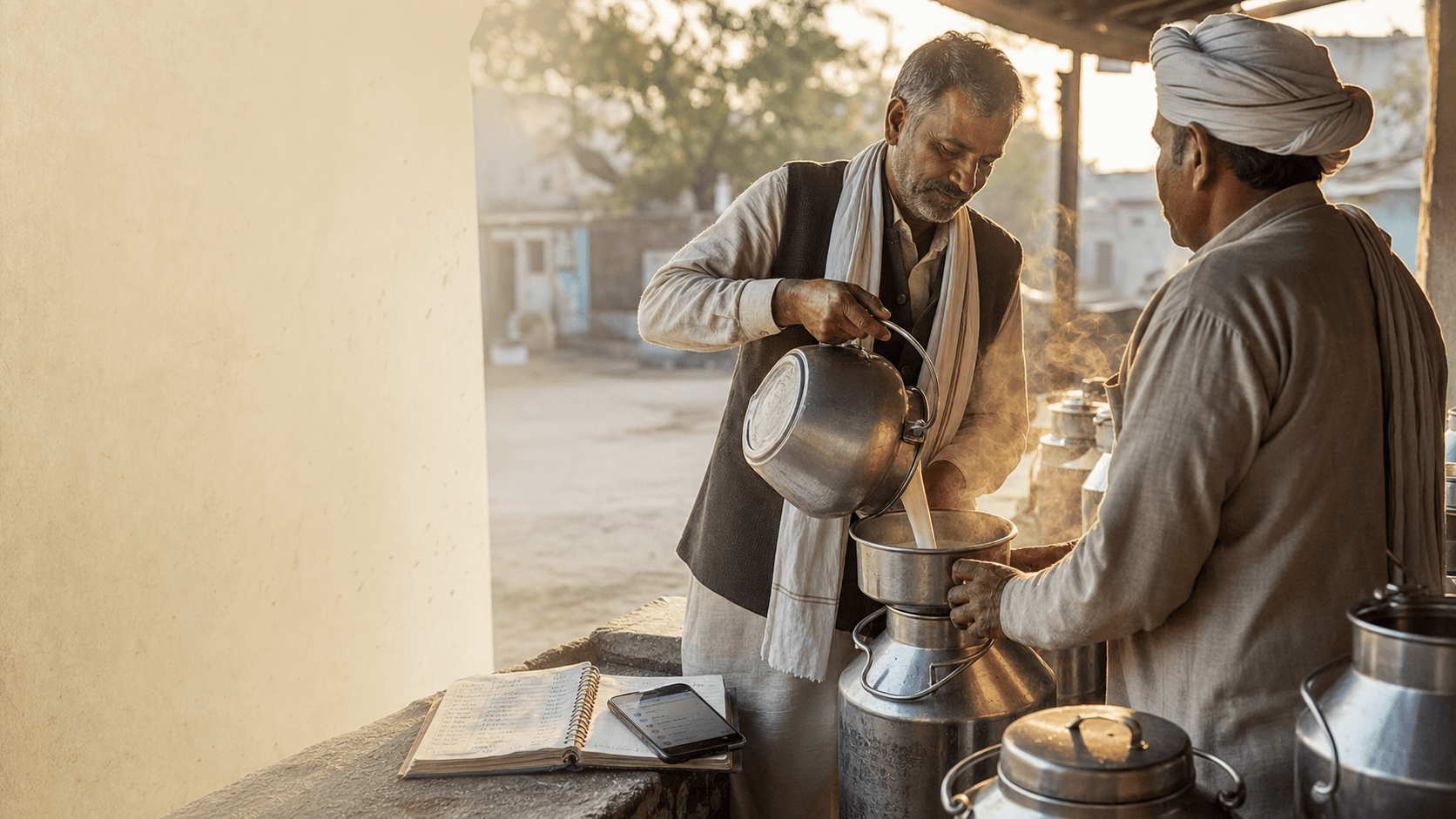A dairy owner collecting the morning milk from a farmer, the day's litres recorded in the register alongside
